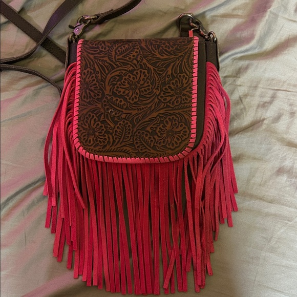 Wrangler Brown and Pink Fringed Crossbody Bag - Picture 2 of 4